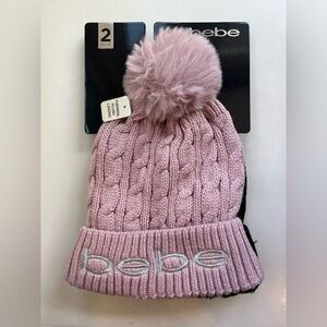 Bebe Soft Pink/Black Set of 2 Beanie with Pom-Pom